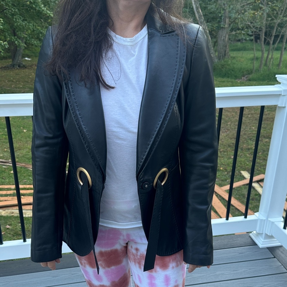 Escada Black Leather Jacket with Gold Accents - Picture 12 of 14
